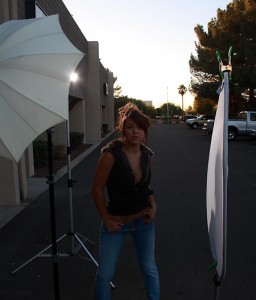 Showing mix of backlight and ambient backlight for the shot of Briana with a bounce umbrella.