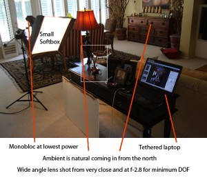 The setup for the shot shows the tools we used to make the shot. Shooting tethered helps keep us all on the same page for these kind of delicate shots.