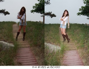 Bri on Sand Bridge in Maine. We added the strobe to the ambient for a fun shot.