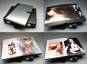 a large 12x19 book with 1/4" stainless steel cover. Portrait and wedding photography