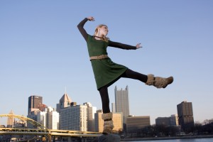 Caitlin dancing against the background of Pittsburgh. Blending the light to match the background gives the shot a very natural look, not 'flashed' at all.