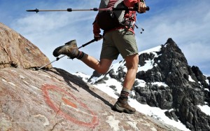 Red dots and cirles show the way as trekkers travel from refugio to refugio along the Nahuel Huapi Traverse.  The popular 40-kilometer traverse connects four refugios in Nahuel Huapi National Park west of San Carlos de Bariloche, Argentina.