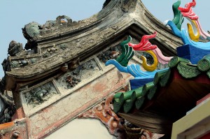 Colorful decorations against ancient construction in Malaka, Malaysia