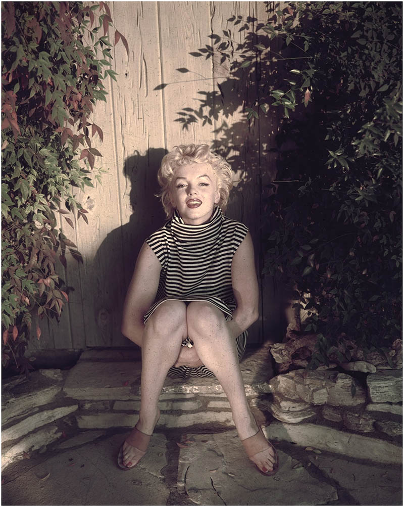 small-marilyn-monroe-sits-in-shadow-against-a-garden-fence-1954-photo-by-hulton-archivegetty-images-ted-baron-color